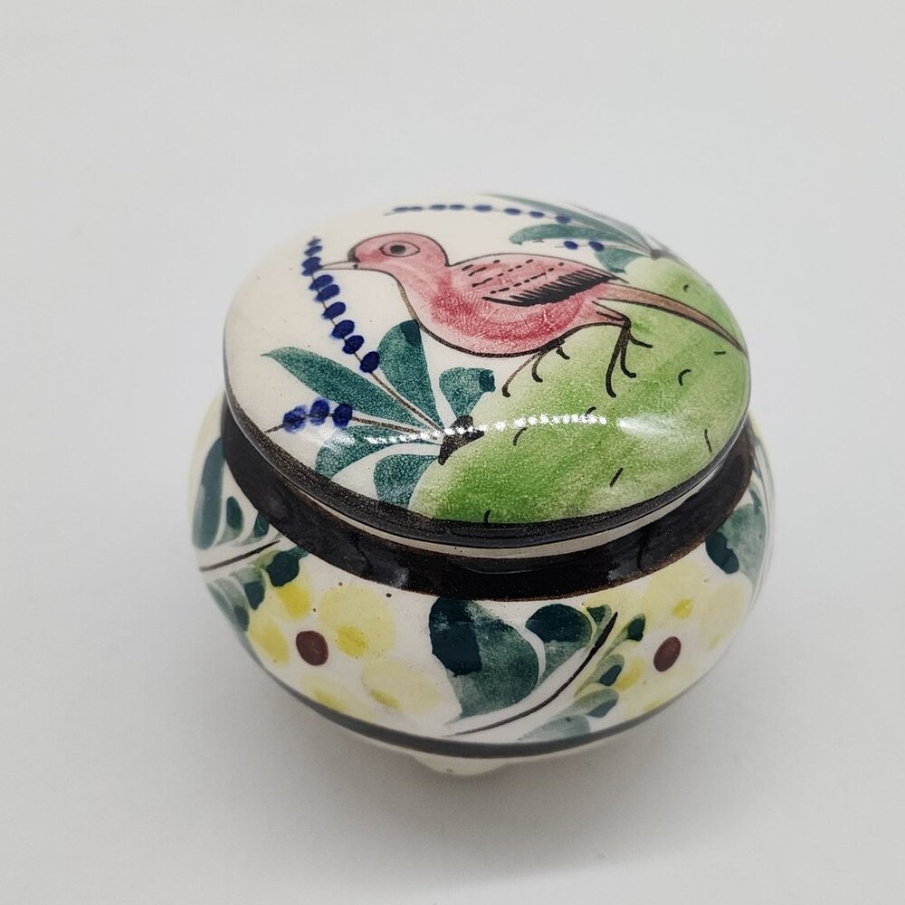 Mexican Hand Painted Ceramic Trinket Box Round With Floral & Red Bird 3" Diamete